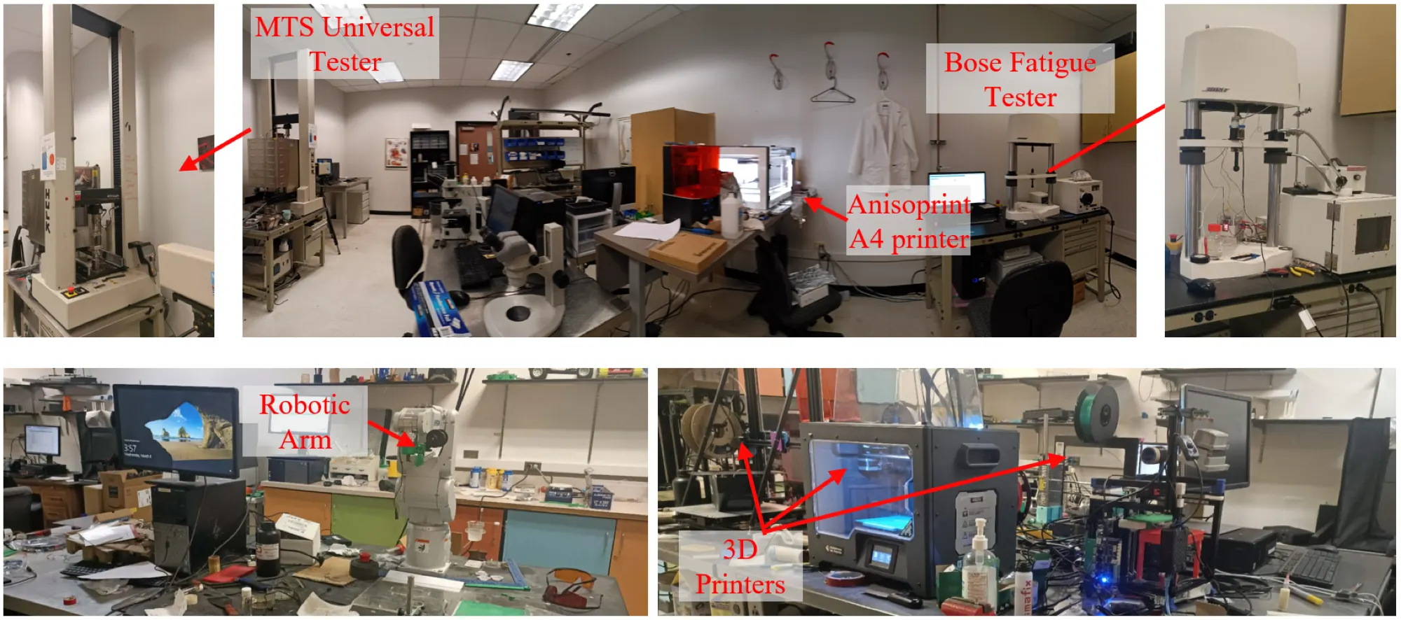 IDM Lab equipment: MTS universal tester, Bose fatigue tester, Anisoprint A4 printer, robotic arm and 3D printers